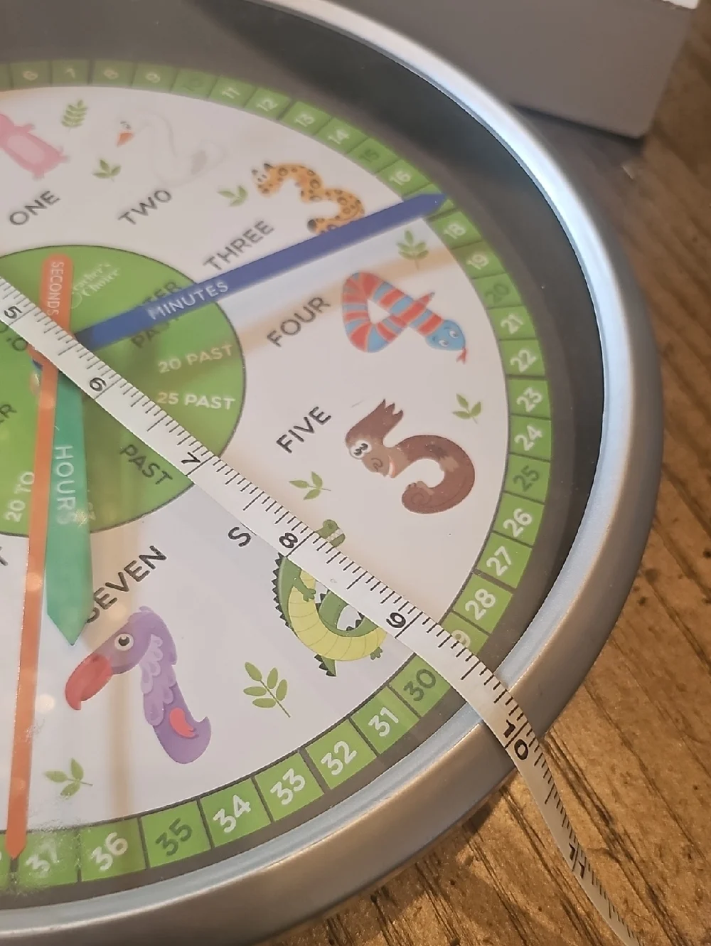 Kids Learning Wall Clock - Colorful Animal Numbers (Green, Blue, Orange)